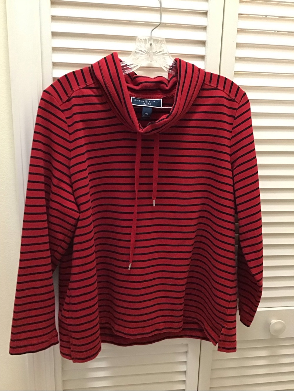Karen Scott Red and Black Striped Turtleneck Drawstring Sweater